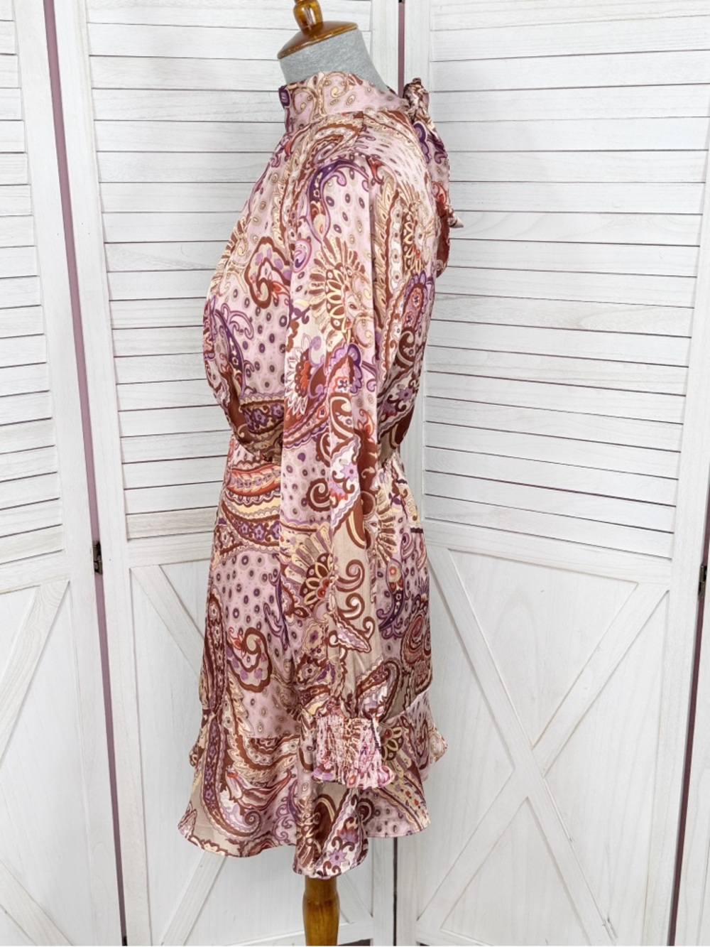 Fate Paisley Boho Print Satin High Neck Mini Dress Medium Long Sleeve Festival - Picture 2 of 13